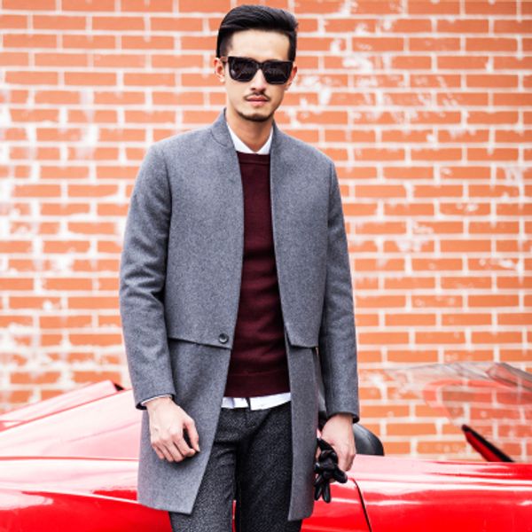 

men collar fur coat in autumn and winter long thickening woolen cloth, Black