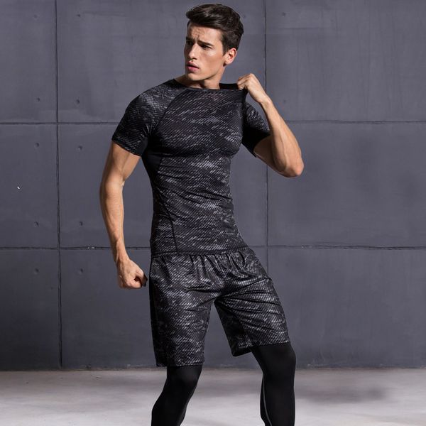 

men sportswear jogging fitness black compression sports suit elastic tracksuit breathable workout clothes training running set, Black;blue