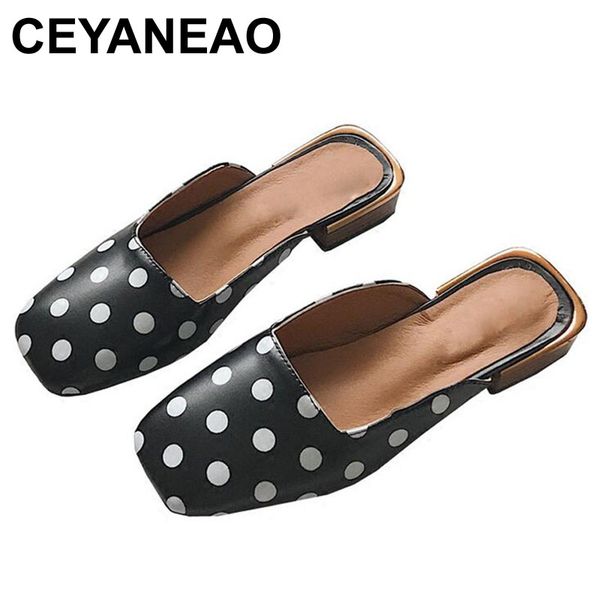 

ceyaneao shoeswoman slides mules polka dot zapatos mujer 2018 summer fashion pointed toe slippers shallow slippers loafers e881, Black