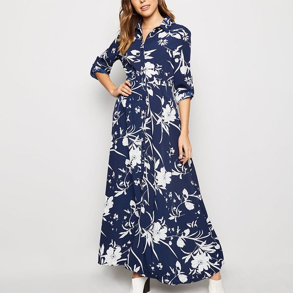 

цветочные печати женской повседневных платьев моды однобортных нагрудные шеи для женщин дизайнера платьев-рубашек повседневной суки одежды, Black;gray