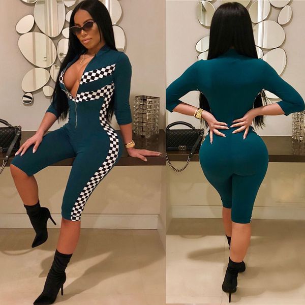 

casual bodycon jumpsuits with sleeve women summer playsuits shorts zipper front plaid romper fitness workout overalls bodysuit, Black;white