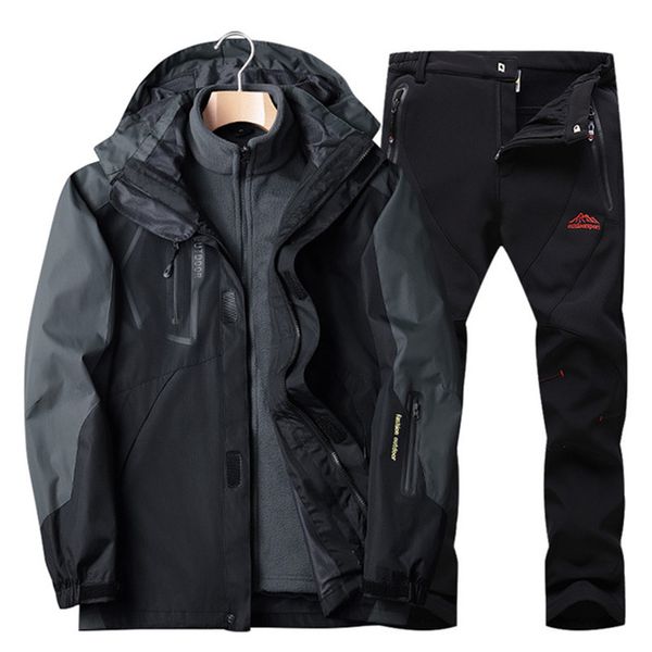 

winter hiking jacket & hiking pants men's fleece liner thermal ski suit waterproof coat outdoor fishing hunting sports tracksuit, Blue;black