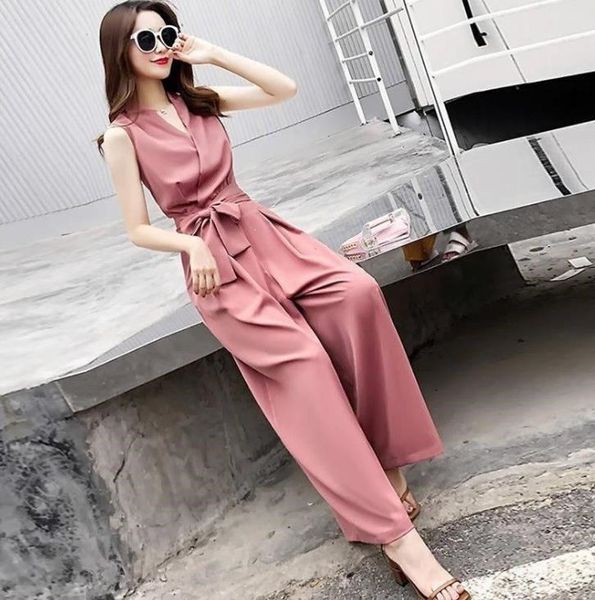 

rompers женщин комбинезон моды корейской одежды casual v-образным вырезом комбинезон шнурка твердотопливные широкий штанину офис легкий кост, Black;white