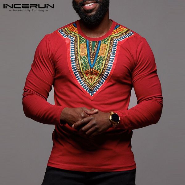 

2019 fashion long sleeve men t shirt african ethnic style print o neck african clothes dashiki casual t-shirts men incerun 5xl, Red