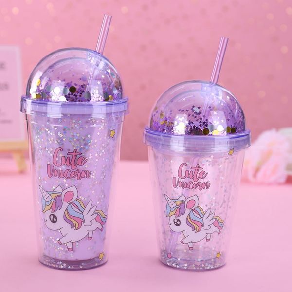 Garrafa de água do copo comestível Double-Layer caneca de plástico Unicorn squin estrelas Juice Cup INS criativa dos desenhos animados do copo de café com tampa e LJJA3844 Straw