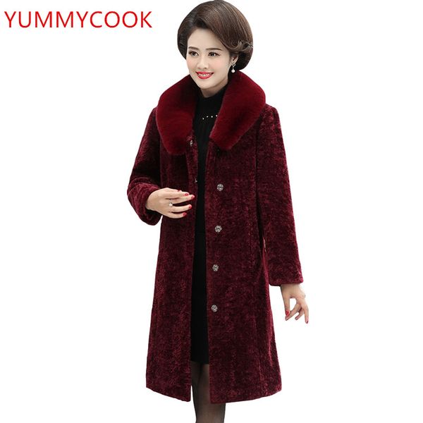 

fashion medium long large size fur collar jacket middle old aged single-breasted sheep shear velvet women's clothing coat a565, Black