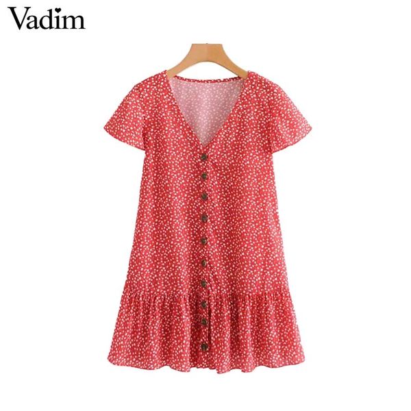 

vadim women floral print mini dress v neck short sleeve straight style female casual red sweet dresses vestidos qb325, Black;gray