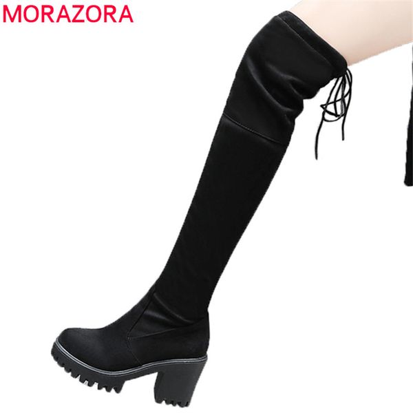 

morazora 2019 wholesale over the knee boots women round toe platform shoes zipper simple stretch thigh high boots antiskid, Black