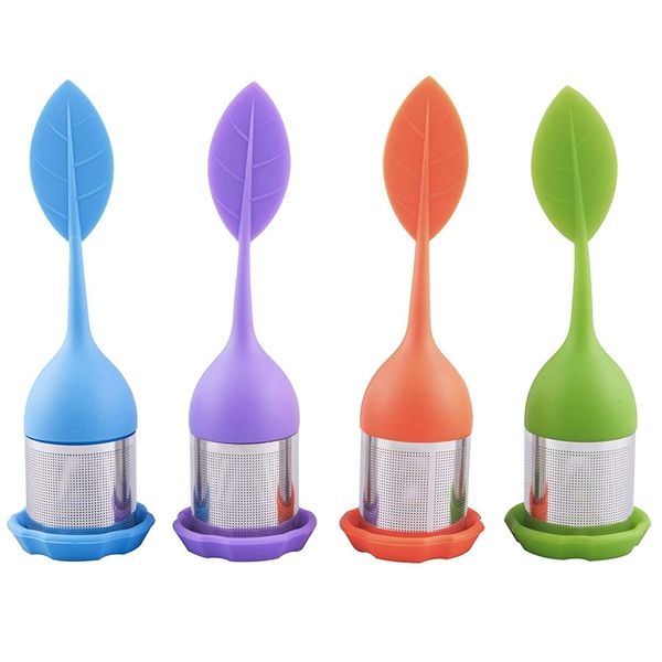 

4-pack tea infuser - stainless steel fine mesh tea filter silicone leaf handle and drip tray - perfect tea strainers for all typ