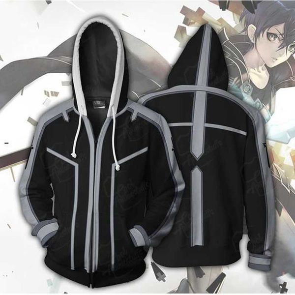 

anime sword art online sao alicization yuuki asuna kirito cosplay hooded hoodie costume sweatshirt zipper jacket coat top, Black