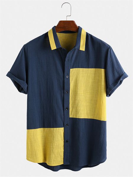 

summer mens designer casual shirts patchwork color single breasted printed mens shirts loose short sleeve homme, White;black