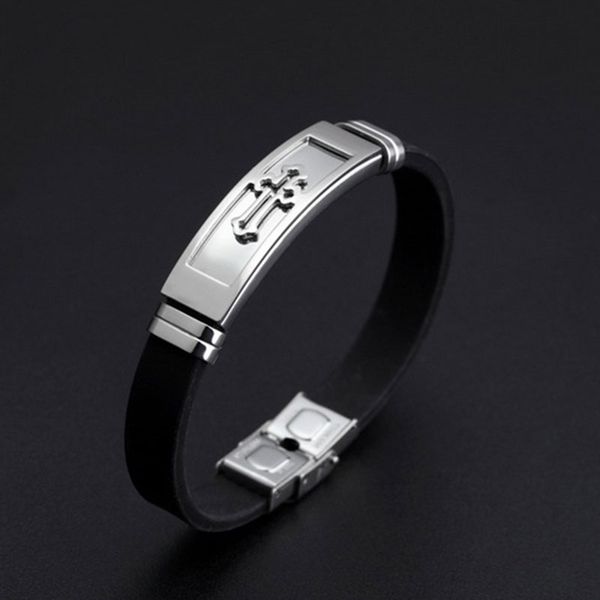 

droppshiping men silicone titanium steel cross bracelet bangle wristband masculine jewelry j55, Black
