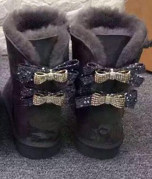 

2019 shipping australia classic new fashion wgg single double diamond snow boots female winter leather bow rhinestone crown warm thick cotto, Black