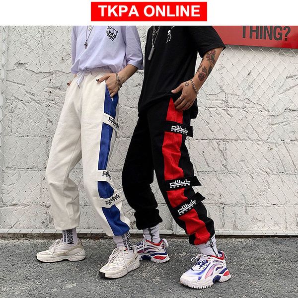 

men japan streetwear side striped cargo pants 2020 overalls mens harajuku joggers male color block trousers track pants, Black