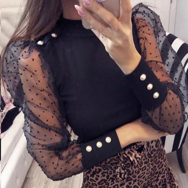 

womens spring polka dot mesh sheer puff sleeve patchwork blouses ladies fashion long sleeve o neck pullover mesh splicing shirts, White;black