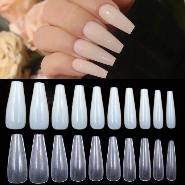 

500pcs/bag abs artificial full cover nail tips natural/clear color nude acrylic long ballerina type square false art nails tips, Red;gold