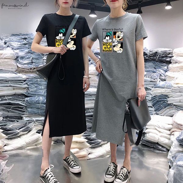 

summer cartoon women dress short sleeve printed o neck medium long black plus size dresses female casual clothes 2020 vestidos, Black;gray