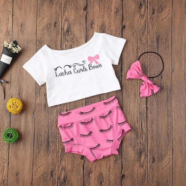 

3pcs cute cartoon newborn toddler baby girls sets print +pink shorts+headband little baby girls outfits ropa, White