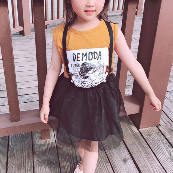 

two piece vest strap net skirt girl t-shirt kids set casual girl outfit summer clothes bm88, White