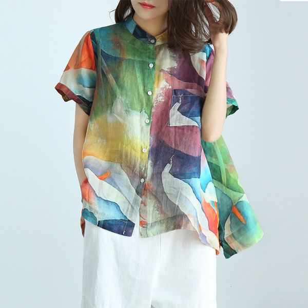 

streetwear femme shirt loose multicolor printed summer style retro casual blouse linen breathable button women blusas, White