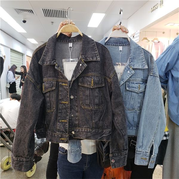 

tyhru womens boyfriend denim jacket coats lapel single breasted casual fall jeans streetwear, Black;brown