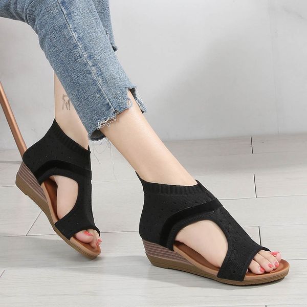 

muqgew roman sandals women ethnic style shoes platform wedge sandals mesh plus size footwear summer female gladiator shoes women, Black