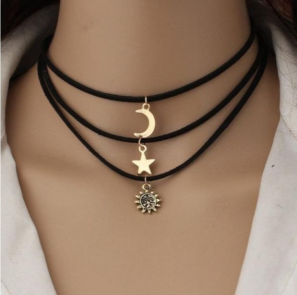 

simple vintage star moon sun chokers necklaces set alloy pendants leather rope 3 necklaces set, Golden;silver