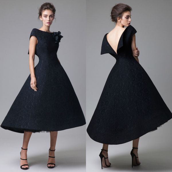 Krikor Jabotian Abiti da sera neri eleganti Pizzo Tulle Fiori fatti a mano Lunghezza tè Abiti da ballo Taglie forti Abito da festa formale di alta qualità