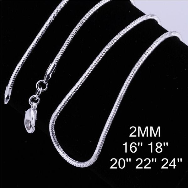 

925 sterling silver plated 2mm snake chain necklace size 16-24 inch sc10 women 925 silver plated lobster clasps smooth chains jewelry