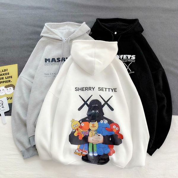 

fashion designer brand mens hoodies sesame street ka autumn winter plus velvet hooded sweater students thick warm sweaters ing, Black