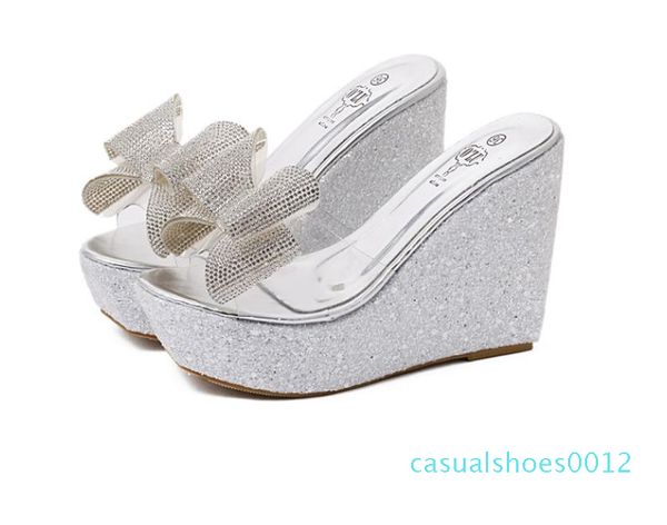 

silver gold rhinestone bow transparent wedge sandals women summer platform wedding shoes with bowties size 35-40 c12, Black