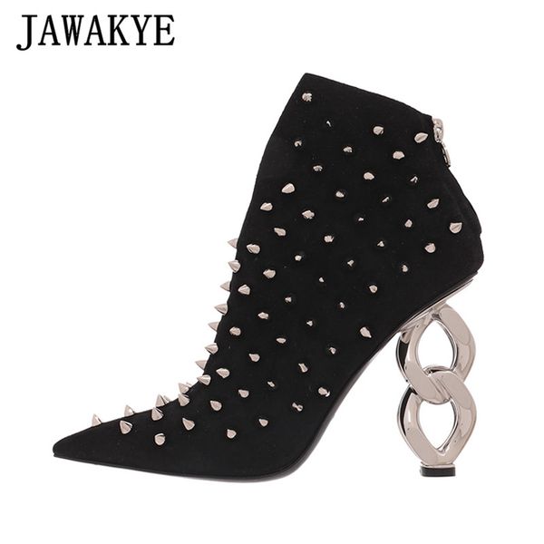 

fashion black rivet boots women pointed toe metal chain strange heel short boots runway high heel shoes women party