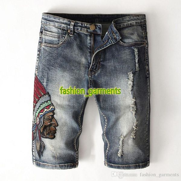 

brand new mens embroidered jeans mens indian shorts personality style jeans designer denim shorts, Blue