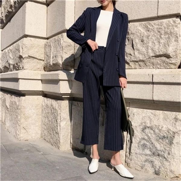 

fashion pant suits female new british style high quality loose striped suit jacket + nine points casual wide leg pants two sets, White;black