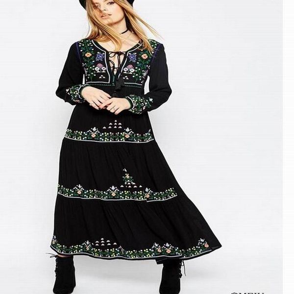 

long dress 2017 spring autumn new brand fashion runway long sleeve floor-length embroidery v-neck embroidery dress tunic brand, Black;gray