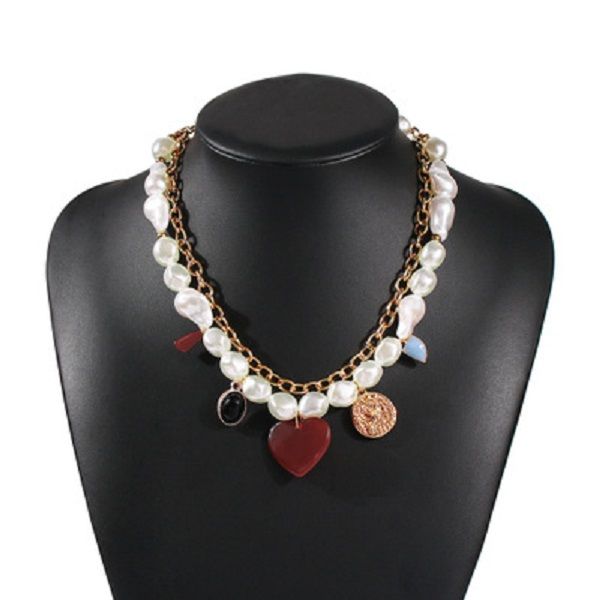 

multi-layer pearl necklace fashionable holiday bohemian heart pendant jewelry, Black