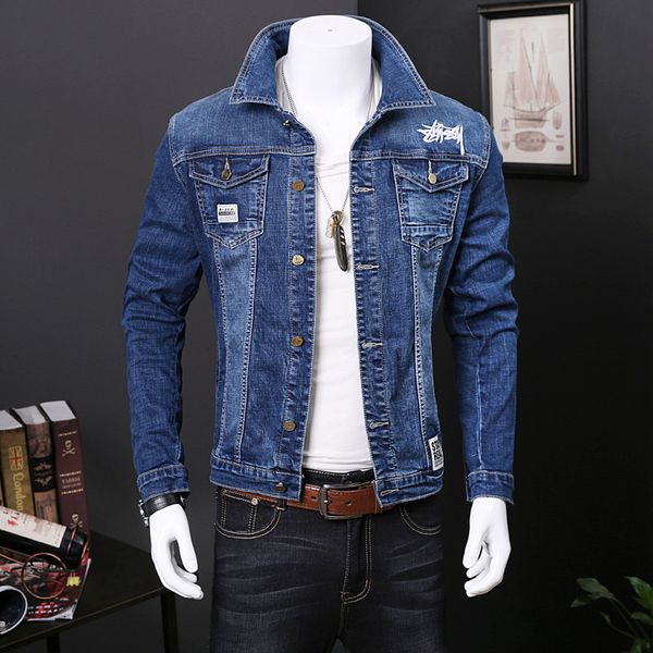 

denim jackets men coat dark blue casual teens jeans jacket cotton turn-down collar long sleeve denim bomber jackets streetwear, Black;brown