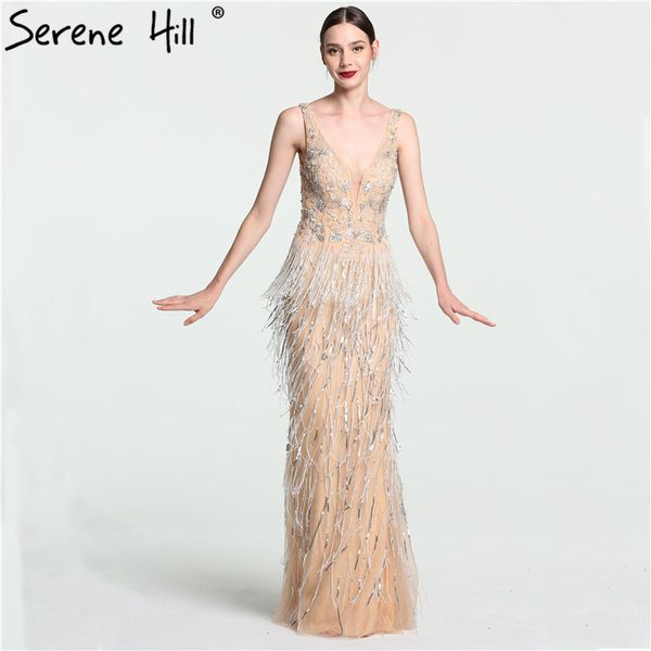 

deep-v mermaid gold tulle evening dresses beading sequined luxury evening gown 2019 serene hill la6104, White;black