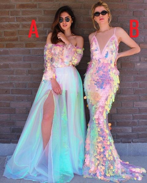 

Sexy Mermaid Prom Dresses 2019 Colorful Sequined Evening Dress Sweep Train Party Gowns Sparkling Bling Bling Shining robes de soirée A59
