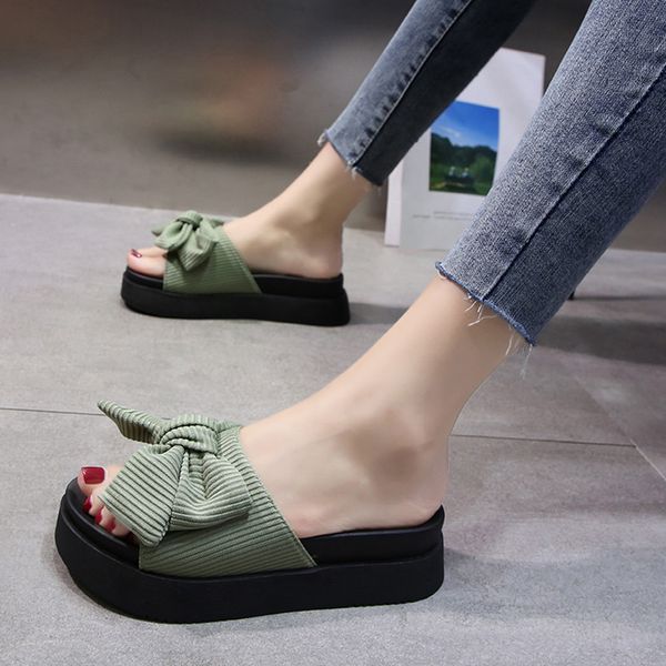 

shoes woman 2020 woman's slippers med slides butterfly-knot platform new flat rubber pu fashion shoes woman's, Black