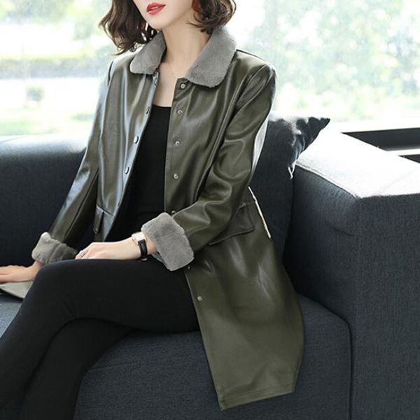 

new casaco feminino leather jacket female mid-long method titanium leather temperament jacket winter manteau femme c154, Black