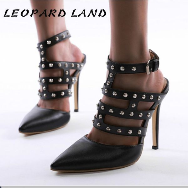 

leopard land 2020 summer fashion roman pointed rivet women's shoes hollow fine heel large size high heel women's sandals cwf, Black