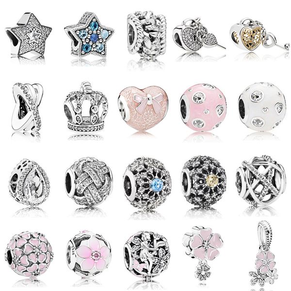 

925 sterling silver bright blue star charm openwork pink magnolia flower charm fit original pandora charms bracelet diy jewelry, Black