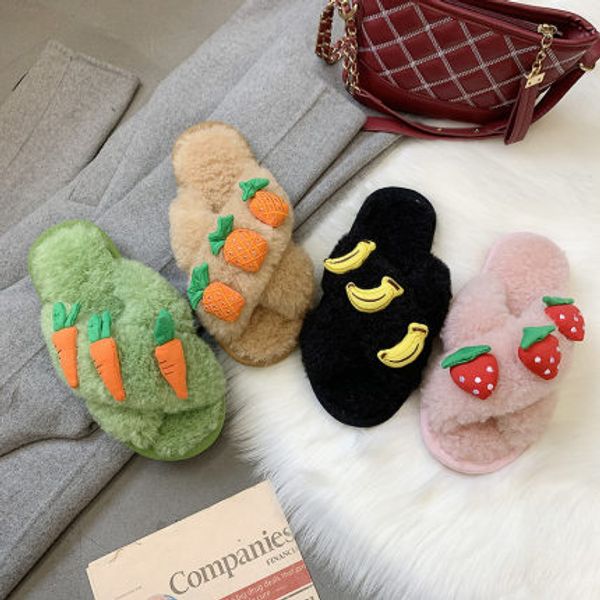 

hairy cotton slippers women wear cute tide strawberry carrot slippers outside home, Black