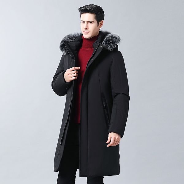 

nature fur collar long down jacket men -40 degree keep warm windproof white duck down coat casual jacket overcoat, Black