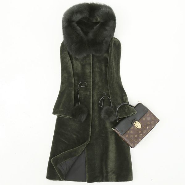 

women's fur & faux real coat female natural sheep shearing overcoat with genuine collar hooded wool winter jacket women wyq835, Black