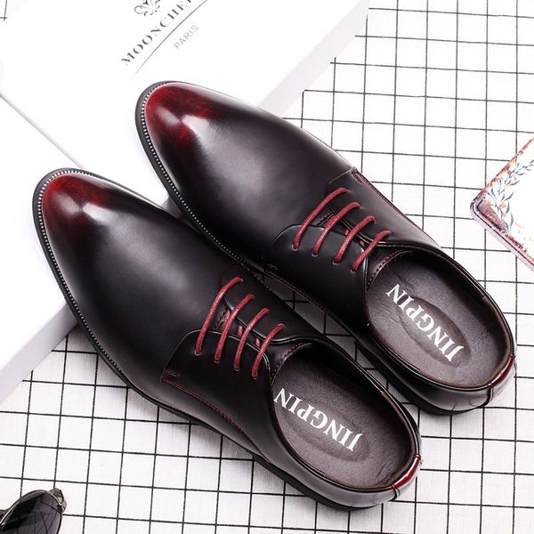 

new men's dress shoes pointed leather shoes patent leather glossy business wild england lace men's fashion men, Black