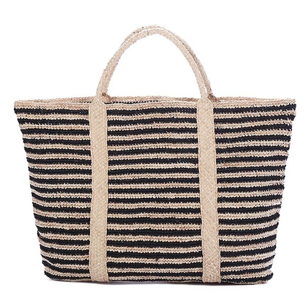

summer beach bag french style straw bag women striped tote woven hollow out handbags elegant vintage handbags