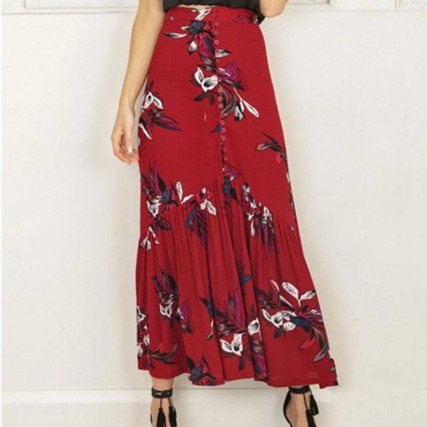 

women long skirts summer fashion elastic waist bohemian style flower printed saia longa skirts wnmens clothes, Black