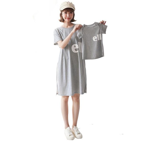 

100% cotton breastfeeding dresses 2020 summer maternity letter print pregnant clothes baby rompers+ mom dress parent&child cloth, White
